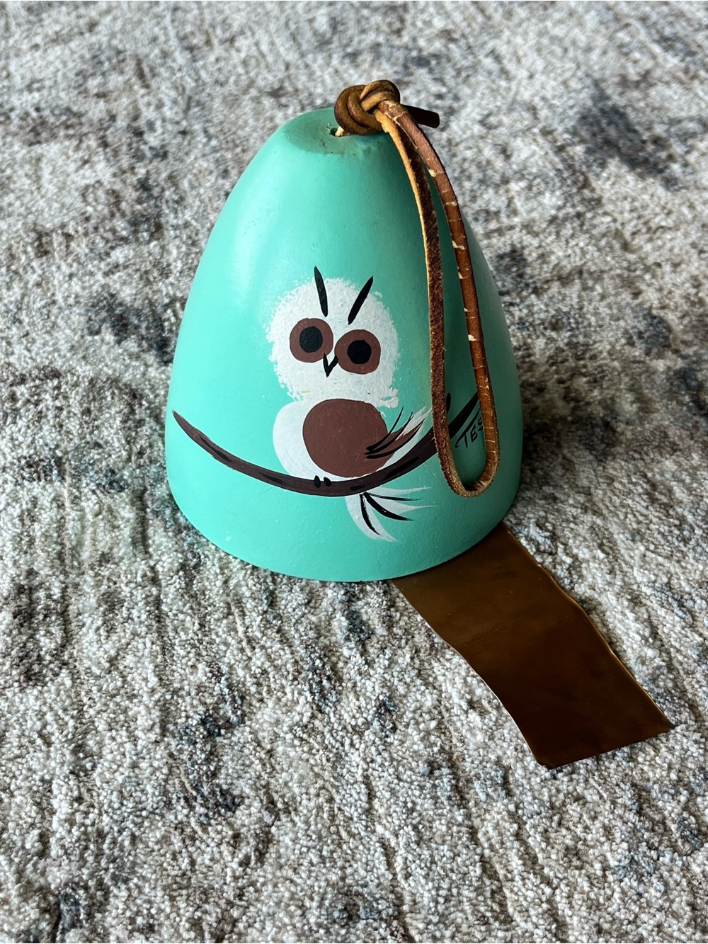 Tesa - Hand-Painted Turquoise Owl Bell with Leather Strap